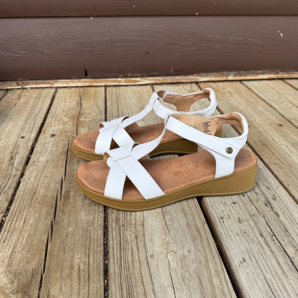 Lands' End Wedge Sandals Womens 11B White T-Strap Comfort Summer Shoes‎